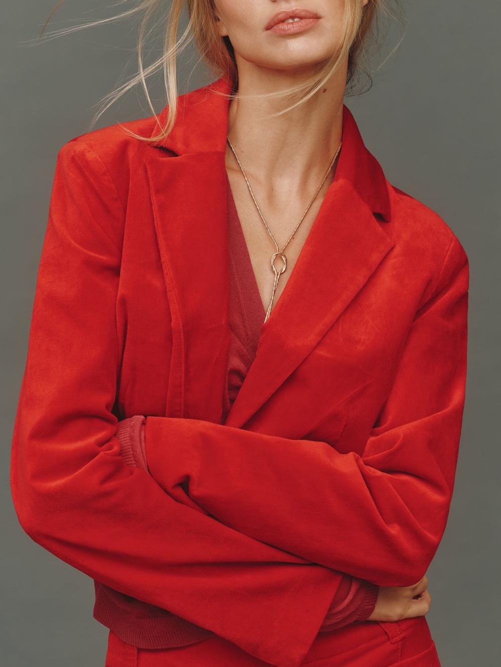 Anthropologie Cropped Velvet Tuxedo Blazer Maeve NEW Lipstick Red Medium